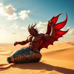 A striking dark-red, muscley djinn flowing gracefully out of his colorful ornate bottle in the heart of a vast desert