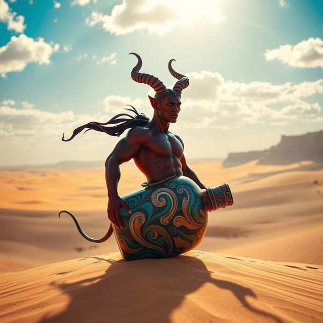 A striking dark-red, muscley djinn flowing gracefully out of his colorful ornate bottle in the heart of a vast desert