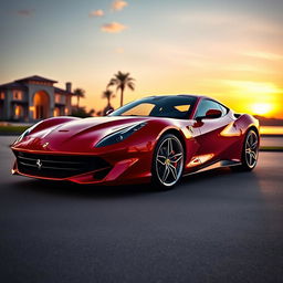 A stunning Ferrari V8 sports car displayed in a luxurious setting, showcasing its sleek design, glossy red paint, and aerodynamic curves