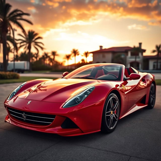 A stunning Ferrari V8 sports car displayed in a luxurious setting, showcasing its sleek design, glossy red paint, and aerodynamic curves