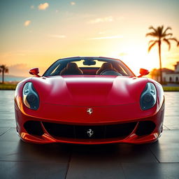 A stunning Ferrari V8 sports car displayed in a luxurious setting, showcasing its sleek design, glossy red paint, and aerodynamic curves
