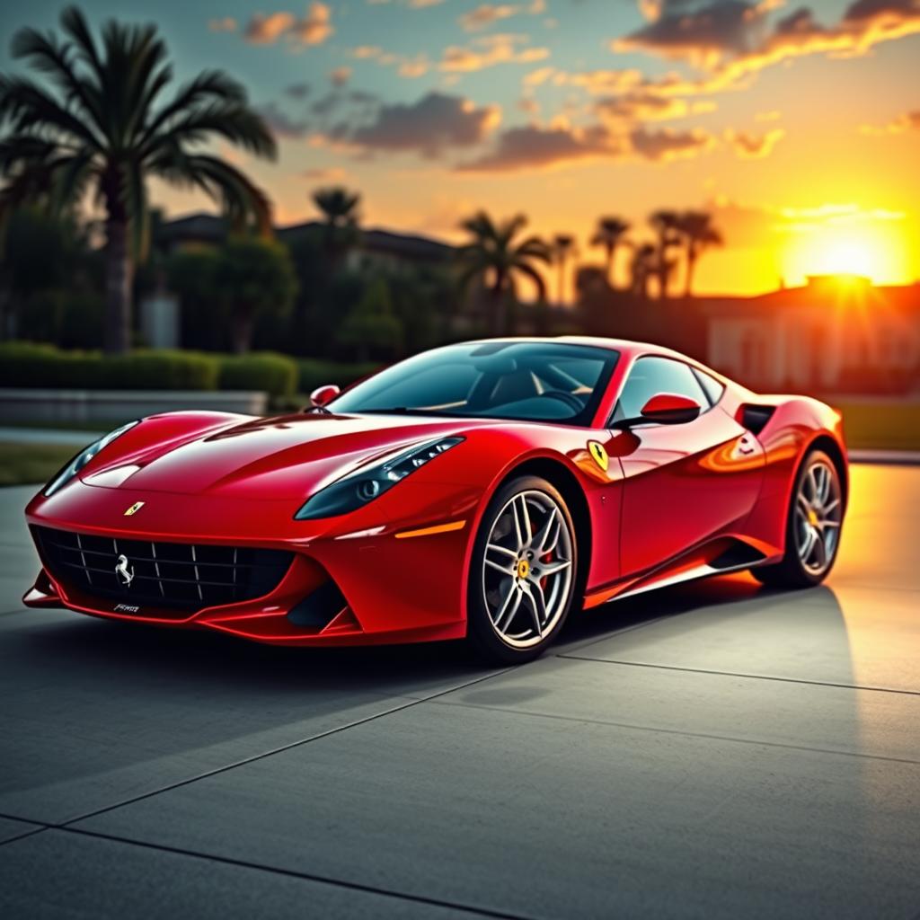 A stunning Ferrari V8 sports car displayed in a luxurious setting, showcasing its sleek design, glossy red paint, and aerodynamic curves