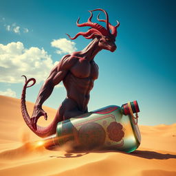 A majestic dark-red djinn, muscular and bare-chested, is flowing gracefully out of a beautifully designed, colorful bottle in the heart of a vast desert