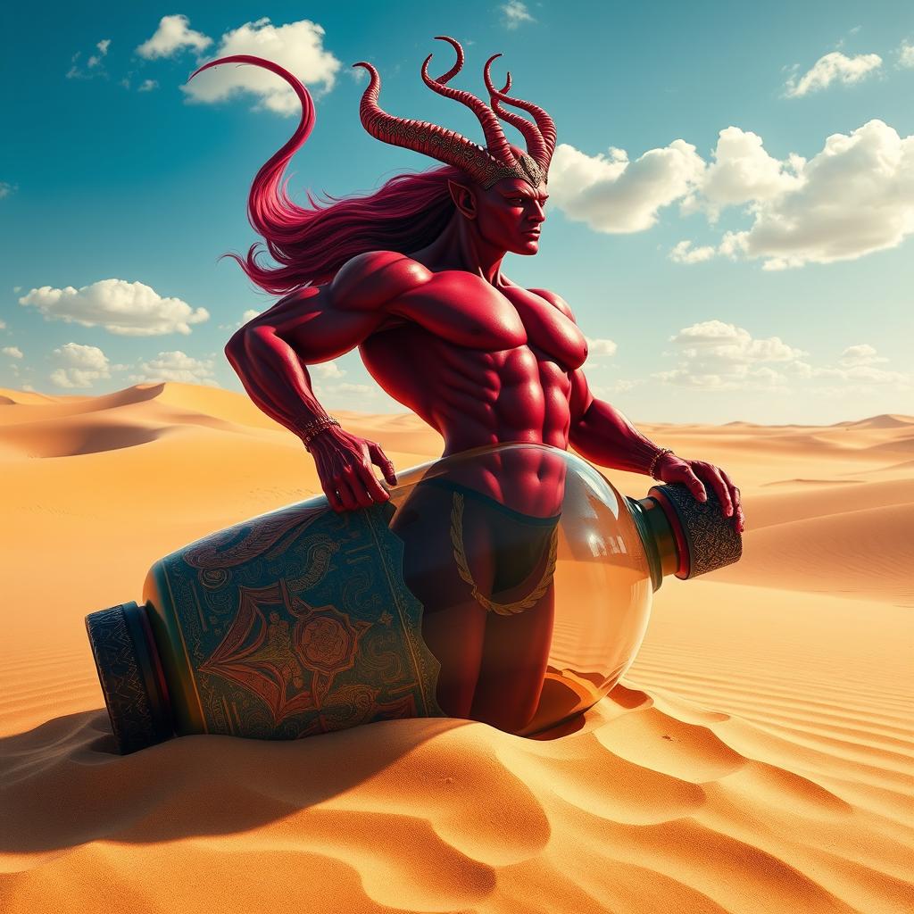 A majestic dark-red djinn, muscular and bare-chested, is flowing gracefully out of a beautifully designed, colorful bottle in the heart of a vast desert