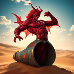 A majestic dark-red djinn, muscular and bare-chested, is flowing gracefully out of a beautifully designed, colorful bottle in the heart of a vast desert