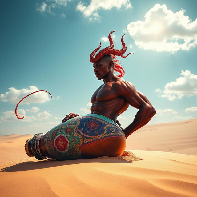 A majestic dark-red djinn, muscular and bare-chested, is flowing gracefully out of a beautifully designed, colorful bottle in the heart of a vast desert