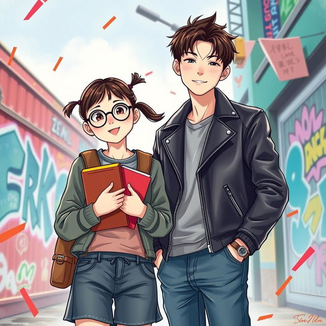 An engaging e-book cover featuring two Korean teenage characters: a nerdy girl and a bad boy