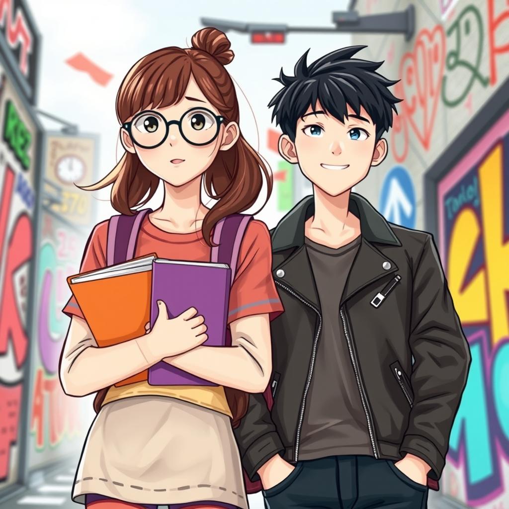 An engaging e-book cover featuring two Korean teenage characters: a nerdy girl and a bad boy