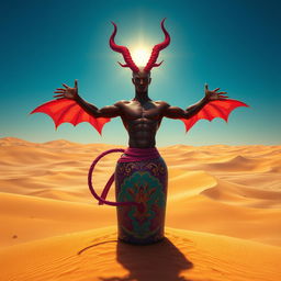 A powerful dark-red djinn with a muscular build and a bare chest flows majestically out of a beautifully ornate, colorful bottle in the center of a vast desert