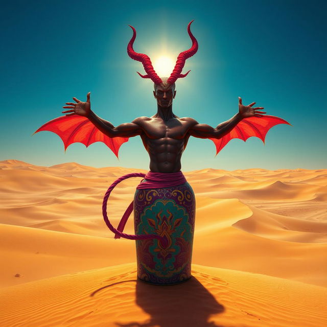 A powerful dark-red djinn with a muscular build and a bare chest flows majestically out of a beautifully ornate, colorful bottle in the center of a vast desert