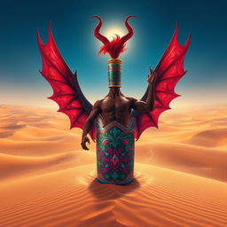 A powerful dark-red djinn with a muscular build and a bare chest flows majestically out of a beautifully ornate, colorful bottle in the center of a vast desert