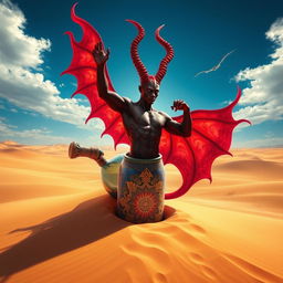 A powerful dark-red djinn with a muscular build and a bare chest flows majestically out of a beautifully ornate, colorful bottle in the center of a vast desert