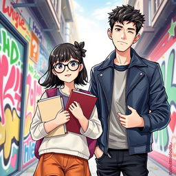 An engaging e-book cover featuring two Korean teenage characters: a nerdy girl and a bad boy