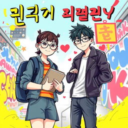 An engaging e-book cover featuring two Korean teenage characters: a nerdy girl and a bad boy