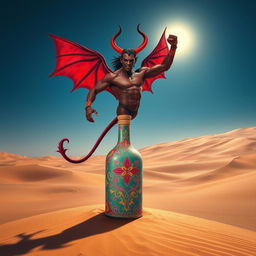 A powerful dark-red djinn with a muscular build and a bare chest flows majestically out of a beautifully ornate, colorful bottle in the center of a vast desert