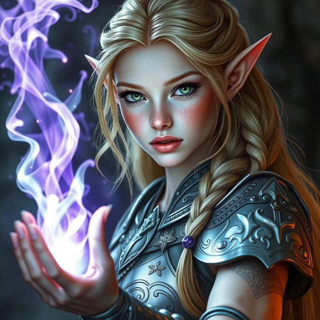 A beautiful female elf with pale skin, adorned with freckles, and striking green eyes