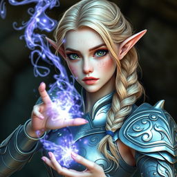 A beautiful female elf with pale skin, adorned with freckles, and striking green eyes
