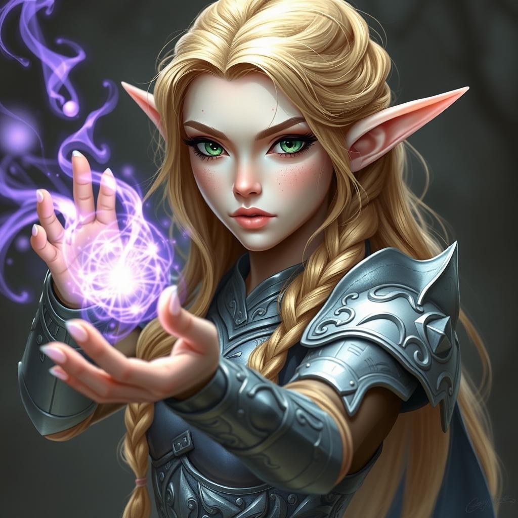 A beautiful female elf with pale skin, adorned with freckles, and striking green eyes