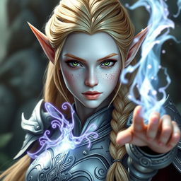 A beautiful female elf with pale skin, adorned with freckles, and striking green eyes