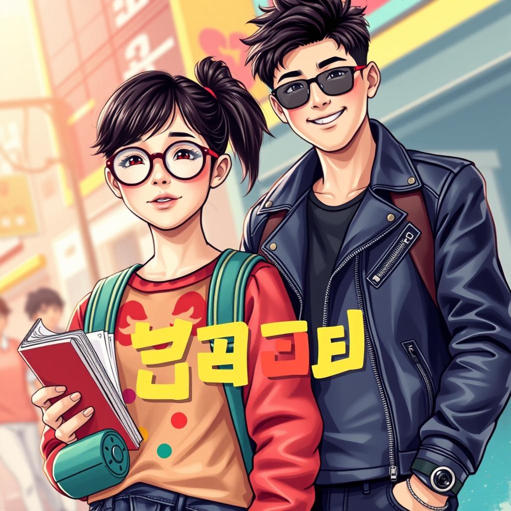 An eye-catching e-book cover featuring Korean teenage characters styled like cinematic characters: a nerdy girl and a bad boy