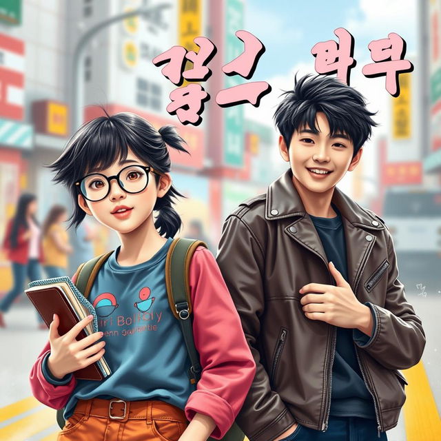 An eye-catching e-book cover featuring Korean teenage characters styled like cinematic characters: a nerdy girl and a bad boy