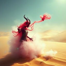 A mystical dark-red djinn emerging from his colorful bottle as a swirling fog in the midst of a vast desert