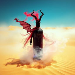 A mystical dark-red djinn emerging from his colorful bottle as a swirling fog in the midst of a vast desert