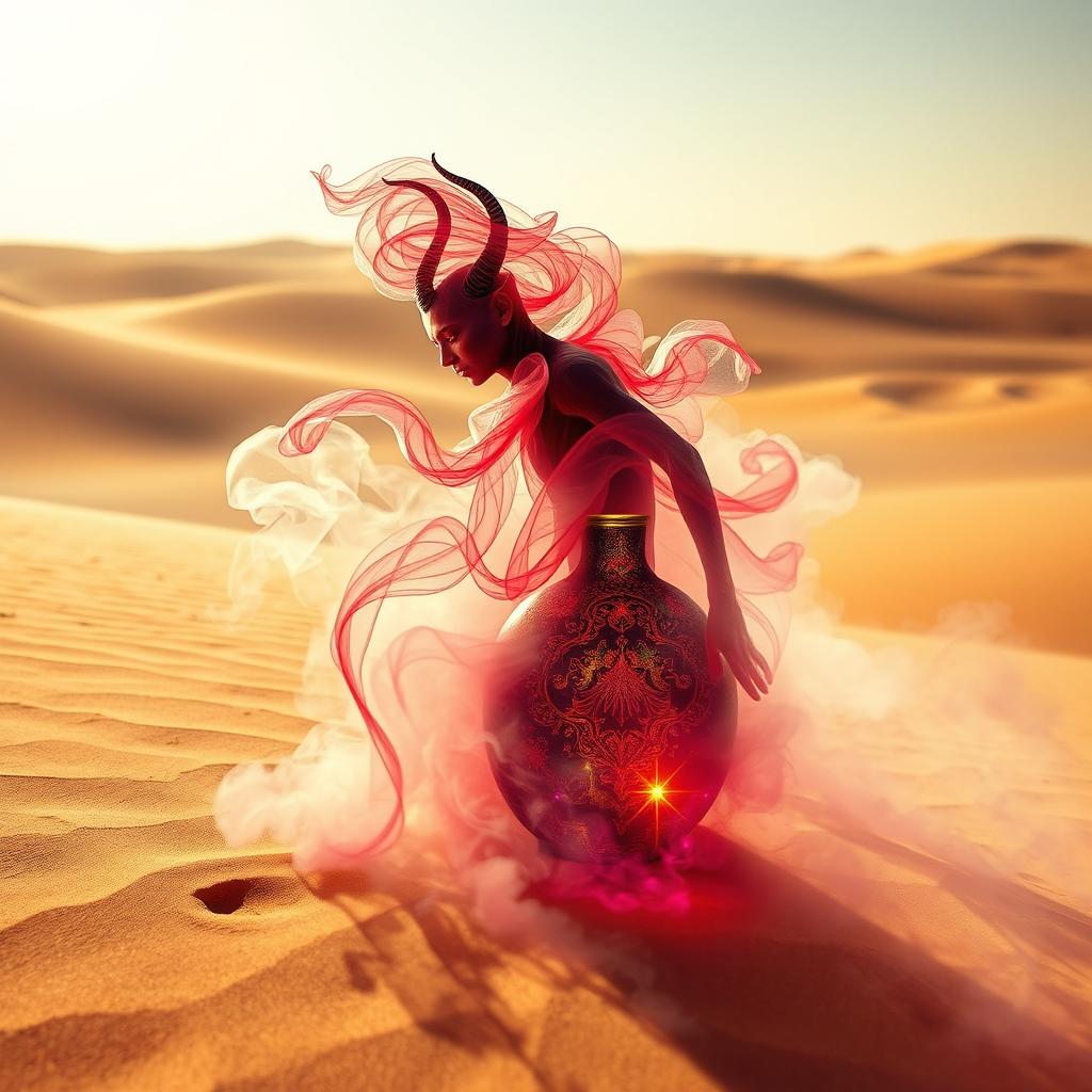 A mystical dark-red djinn emerging from his colorful bottle as a swirling fog in the midst of a vast desert