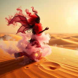 A mystical dark-red djinn emerging from his colorful bottle as a swirling fog in the midst of a vast desert