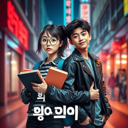 A striking e-book cover featuring realistic, human-like Korean teenage characters styled as cinematic characters: a nerdy girl and a bad boy