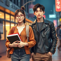 A striking e-book cover featuring realistic, human-like Korean teenage characters styled as cinematic characters: a nerdy girl and a bad boy