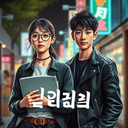 A striking e-book cover featuring realistic, human-like Korean teenage characters styled as cinematic characters: a nerdy girl and a bad boy