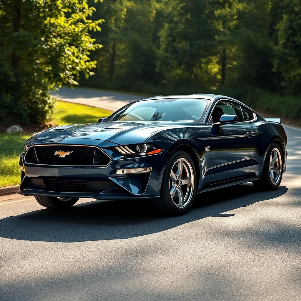 A creative fusion of a Ford Mustang and a Chevrolet Opala, illustrating a custom car design that integrates the aggressive, sporty features of the Mustang with the elegant styling of the Opala