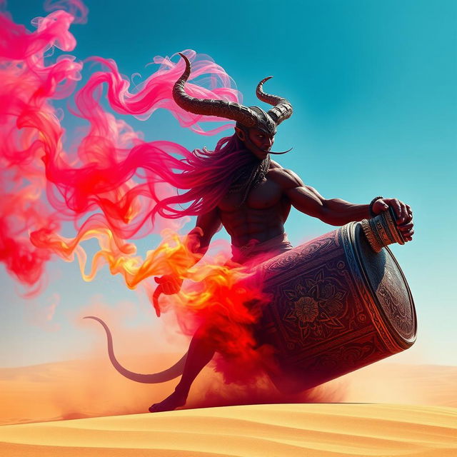 A striking dark-red djinn, muscular and powerful, emerges from his intricately designed, colorful bottle, transforming into swirling fog in the vast desert landscape