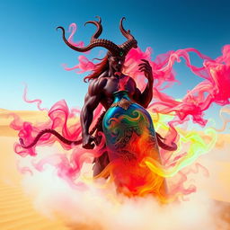 A striking dark-red djinn, muscular and powerful, emerges from his intricately designed, colorful bottle, transforming into swirling fog in the vast desert landscape