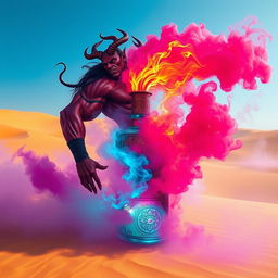 A striking dark-red djinn, muscular and powerful, emerges from his intricately designed, colorful bottle, transforming into swirling fog in the vast desert landscape