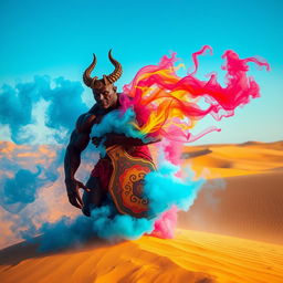 A striking dark-red djinn, muscular and powerful, emerges from his intricately designed, colorful bottle, transforming into swirling fog in the vast desert landscape