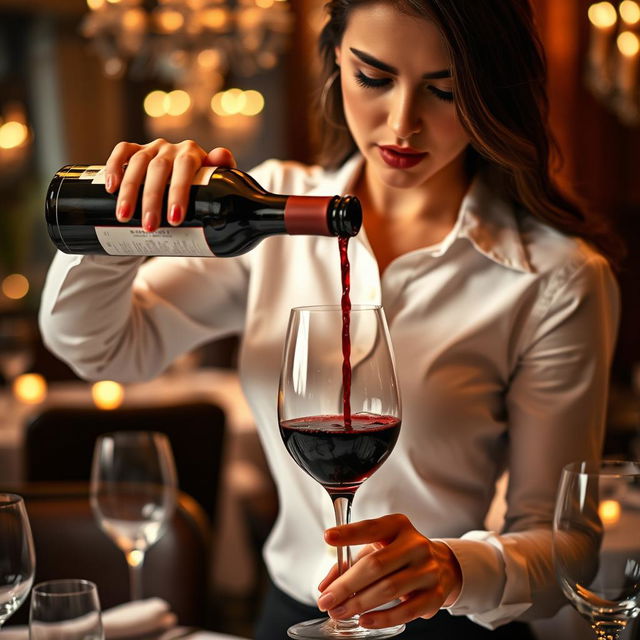 A close-up scene in an upscale fine dining restaurant, focusing on a stunning waitress wearing a white crisp button-up shirt