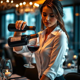 A close-up scene in an upscale fine dining restaurant, focusing on a stunning waitress wearing a white crisp button-up shirt