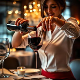 A close-up scene in an upscale fine dining restaurant, focusing on a stunning waitress wearing a white crisp button-up shirt