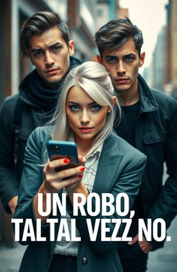 A stylish, urban scene featuring a white blonde girl with blue eyes holding a smartphone, and a tall, attractive guy with black hair and grey eyes beside her