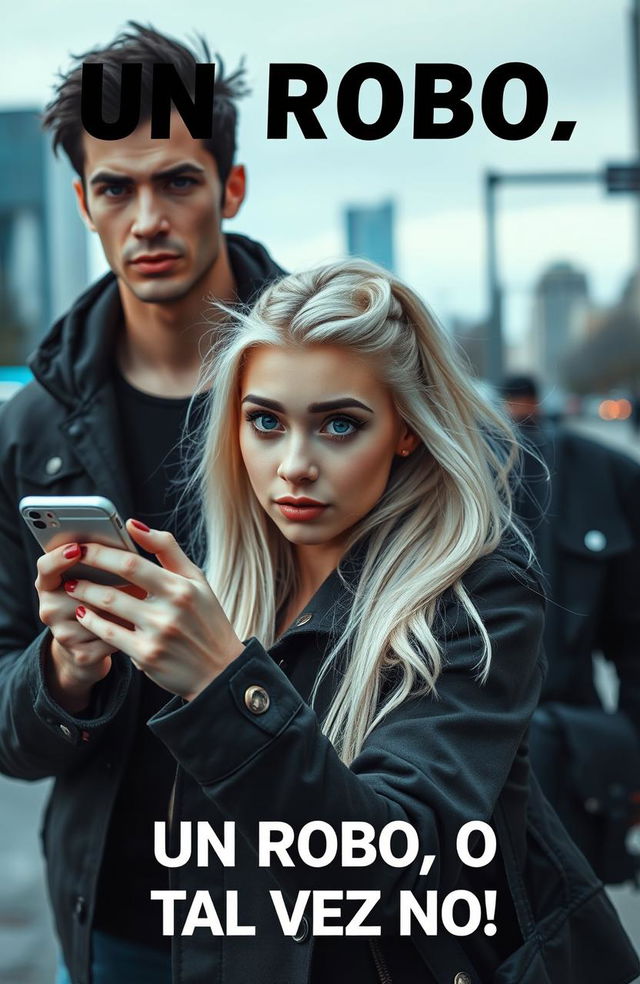 A stylish, urban scene featuring a white blonde girl with blue eyes holding a smartphone, and a tall, attractive guy with black hair and grey eyes beside her