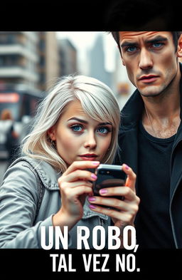 A stylish, urban scene featuring a white blonde girl with blue eyes holding a smartphone, and a tall, attractive guy with black hair and grey eyes beside her