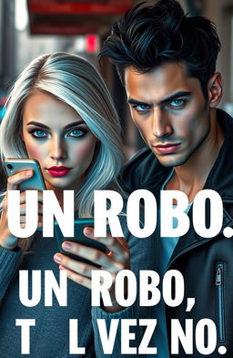 A stylish, urban scene featuring a white blonde girl with blue eyes holding a smartphone, and a tall, attractive guy with black hair and grey eyes beside her