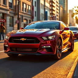 A striking hybrid car design that creatively combines the powerful attributes of a Ford Mustang with the classic beauty of a Chevrolet Opala