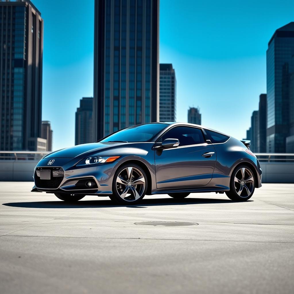 A sleek and stylish Honda CR-Z in a stunning grey color, showcasing its sporty design with curvy lines and aggressive stance