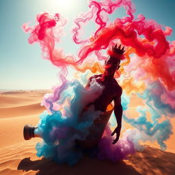 A magnificent dark-red djinn with a muscular physique emerges from an intricately designed, colorful bottle, transforming into swirling fog in the heart of a vast desert