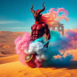 A magnificent dark-red djinn with a muscular physique emerges from an intricately designed, colorful bottle, transforming into swirling fog in the heart of a vast desert