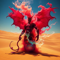 A magnificent dark-red djinn with a muscular physique emerges from an intricately designed, colorful bottle, transforming into swirling fog in the heart of a vast desert