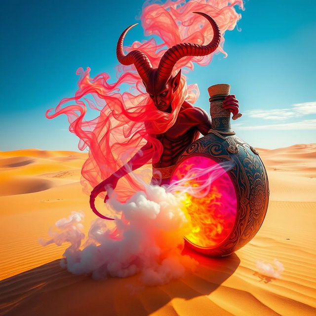 A magnificent dark-red djinn with a muscular physique emerges from an intricately designed, colorful bottle, transforming into swirling fog in the heart of a vast desert